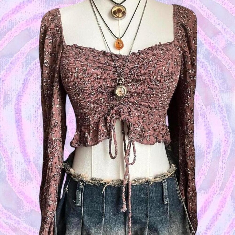Purple ribbed mauve long sleeve floral ruched crop top